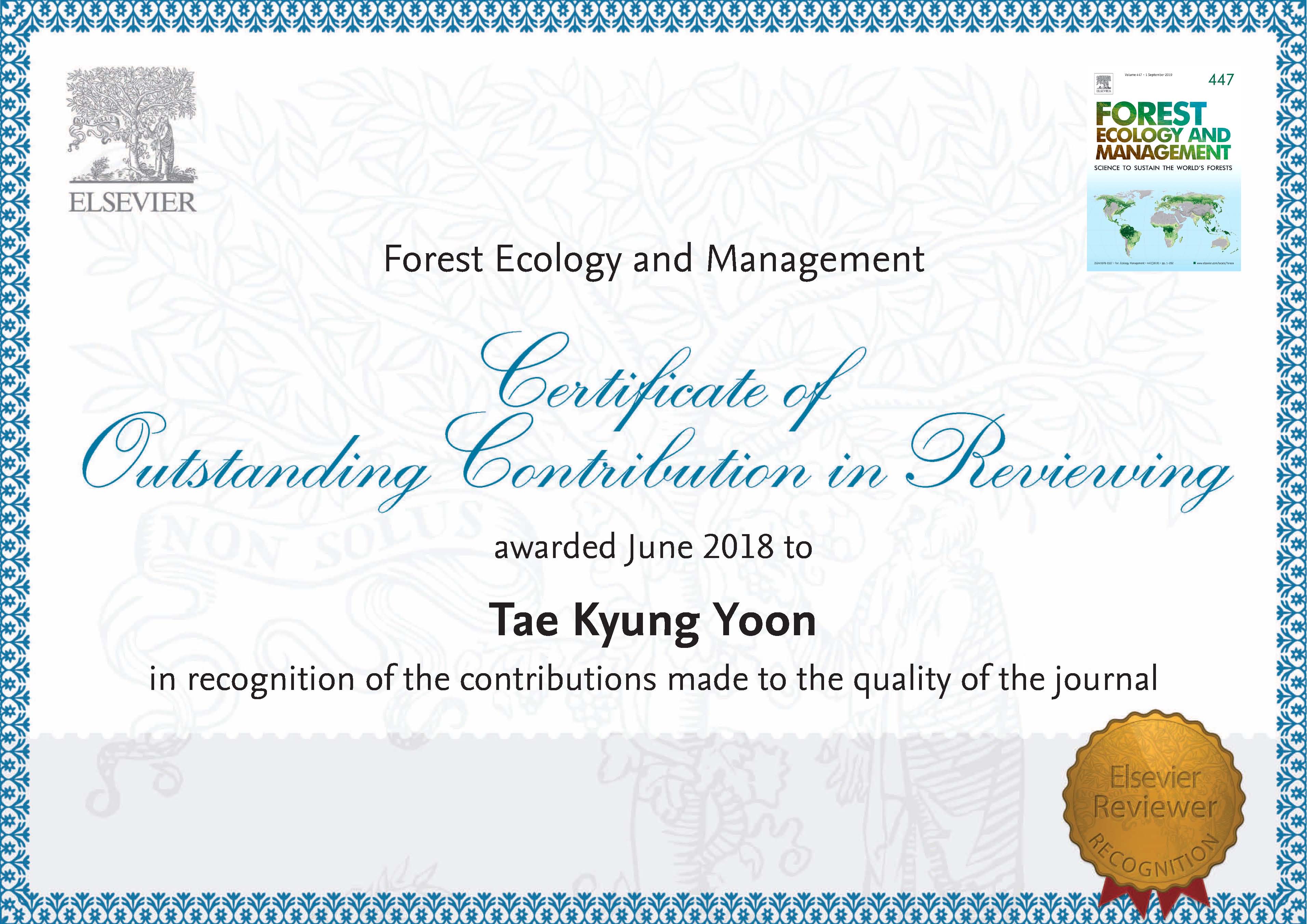 Outstanding Reviewer ForEcolManage 2018